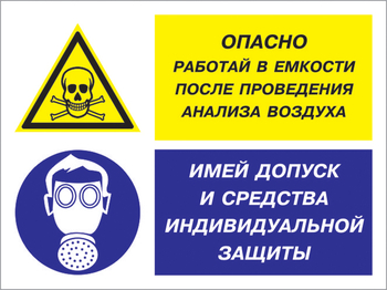 Кз 90 опасно - работай в емкости после проведения анализа воздуха. имей допуск и средства индивидуальной защиты. (пластик, 600х400 мм) - Знаки безопасности - Комбинированные знаки безопасности - Магазин охраны труда Протекторшоп